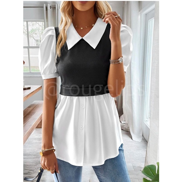 2 in 1 Black Knit Vest on White Button Down Shirt Short Sleeve - Picture 2 of 6